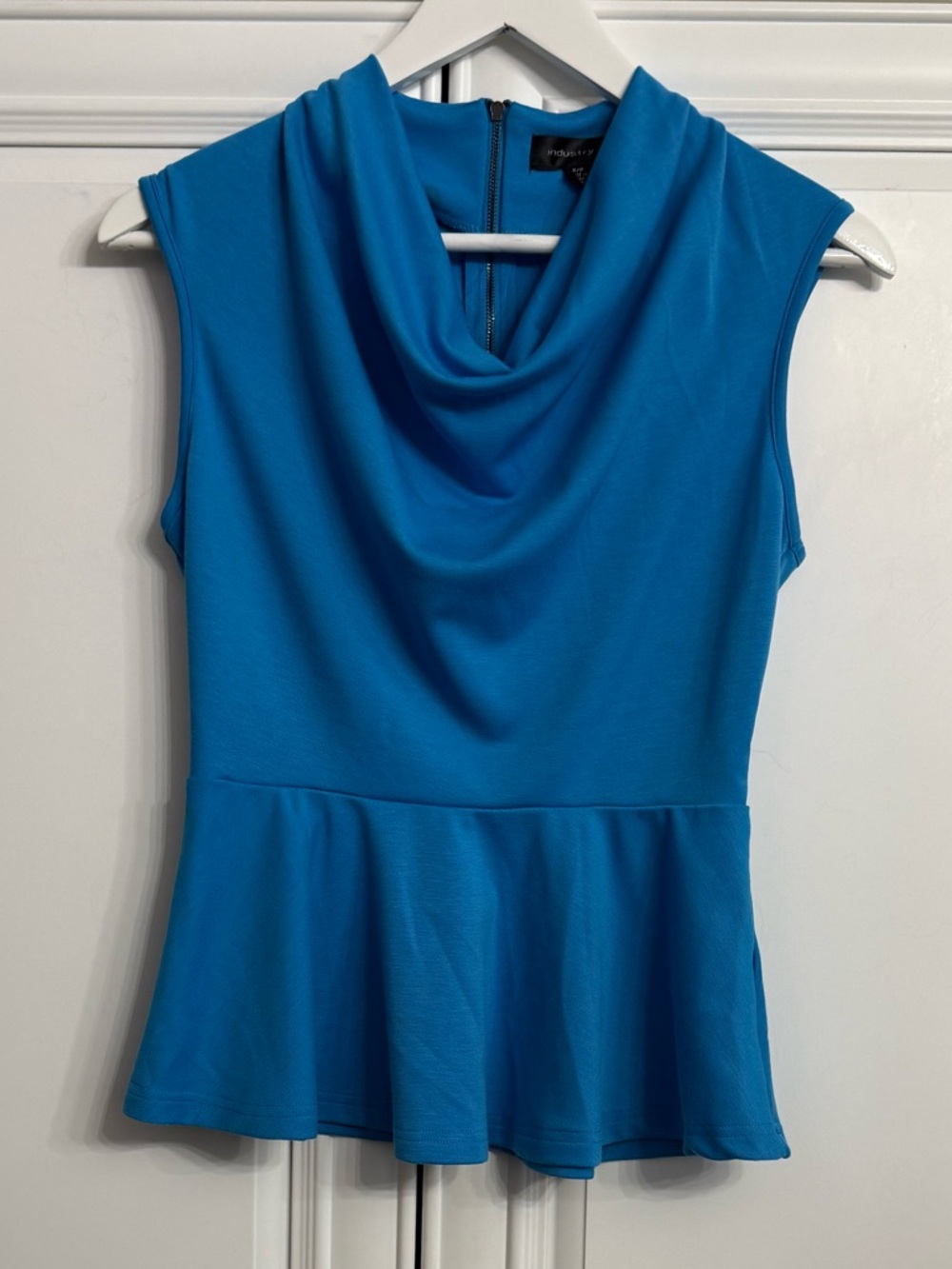 Industry 212 Size Small Blue Sleeveless Top Cowl/Draped Neck Peplum Waist Zipper